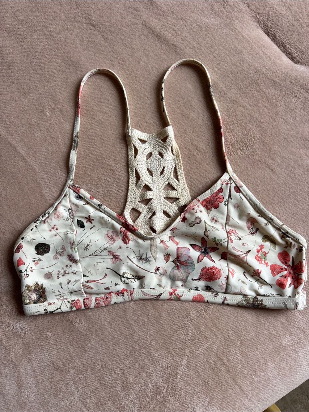 l*space Floral Crochet-Back Bikini Top - Cream & Pink